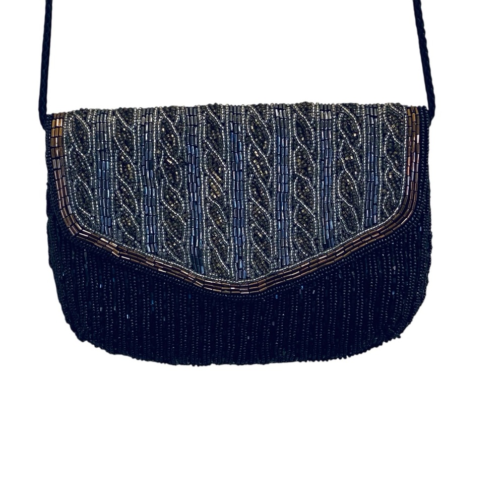 Vintage Carla Marchi Handmade Black Beaded Purse w Shoulder Cord